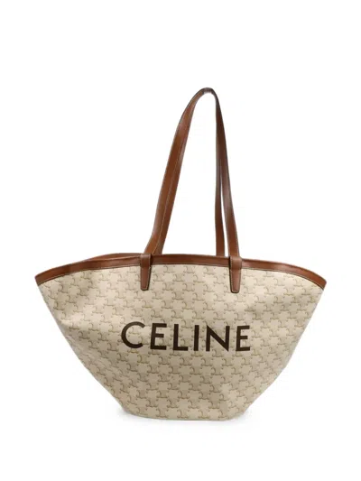 Pre-owned Celine Triomphe Logo Tote Bag In Neutrals