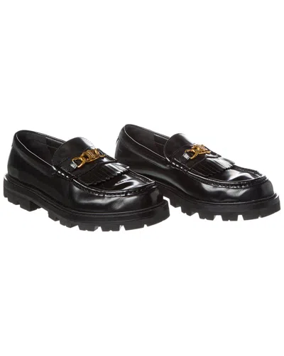 Celine Triomphe Polished Bullskin Chain Loafers In Black
