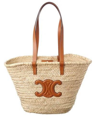 Celine Triomphe Medium Raffia & Leather Basket Tote In Brown