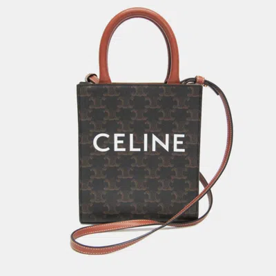 Pre-owned Celine Triomphe Mini Vertical Cabas Tan Triomphe Canvas Calfskin Leather Tote Bag In Brown