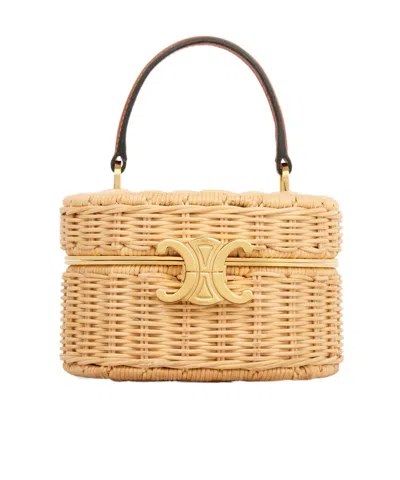 Celine Triomphe Oval Box In Wicker And Calfskin In Natural/tan