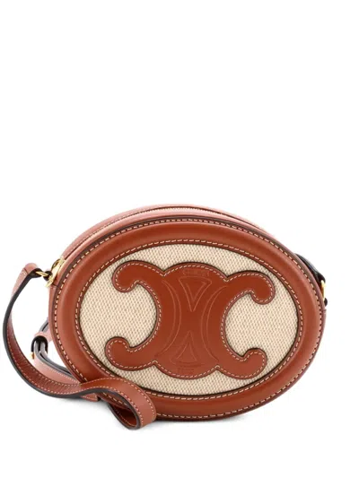 Pre-owned Celine Triomphe Oval Canvas And Leather Crossbody Bag In Brown