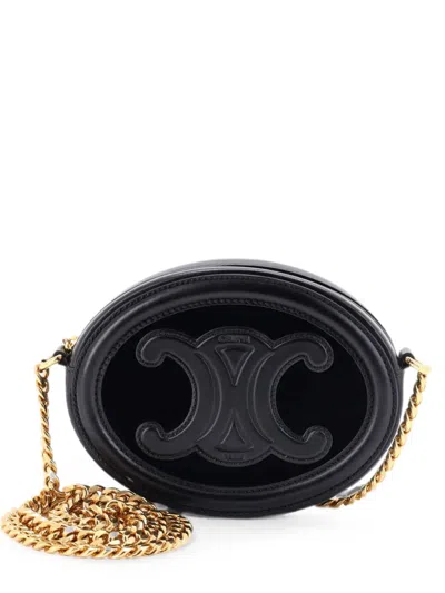 Pre-owned Celine Triomphe Oval Chain Crossbody Bag Velvet And Leather Shoulder Bag In Black