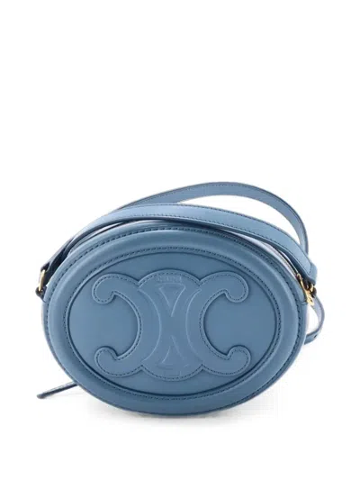Pre-owned Celine Triomphe Oval Leather Mini Crossbody Bag In Blue