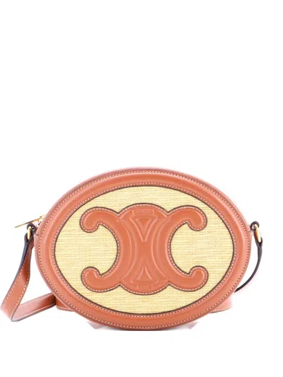 Pre-owned Celine Triomphe Oval Straw And Leather Crossbody Bag In Brown