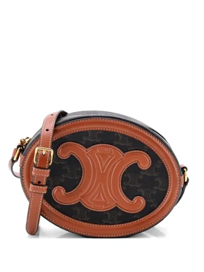 Pre-owned Celine Triomphe Oval Triomphe Coated Canvas And Leather Crossbody Bag In Brown