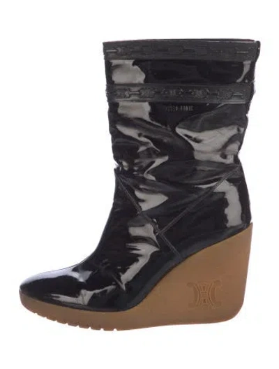 Pre-owned Celine Triomphe Patent Leather Rain Boots In Black