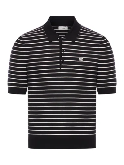 Celine Triomphe Polo Shirt In Lightweight Cotton In Black