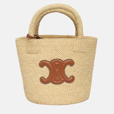 Pre-owned Celine Triomphe Raffia Panier Bucket Bag In Sand
