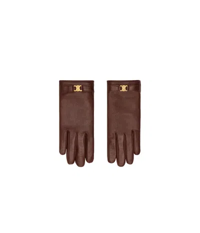 Celine Triomphe Rectangular Leather Gloves In Brown