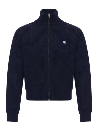 Celine Triomphe Ribbed Wool Trucker Sweater In Blue