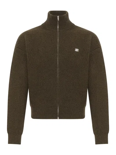 Celine Triomphe Ribbed Wool Trucker Sweater In Green
