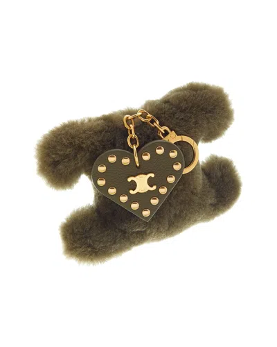 Celine Triomphe Shearling & Leather Pom-pom Charm In Green