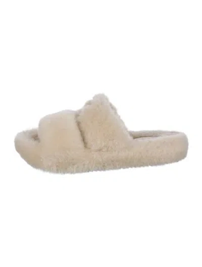 Pre-owned Celine Triomphe Shearling Slides In Neutral