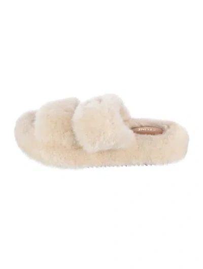 Pre-owned Celine Triomphe Shearling Slides In Neutrals