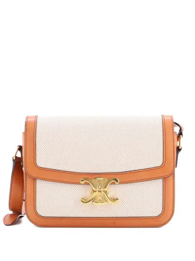 Pre-owned Celine Triomphe Shoulder Bag Canvas With Leather Medium Crossbody Bag In Neutral