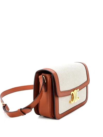 Pre-owned Celine Triomphe Shoulder Bag Canvas With Leather Medium Crossbody Bag In Neutral