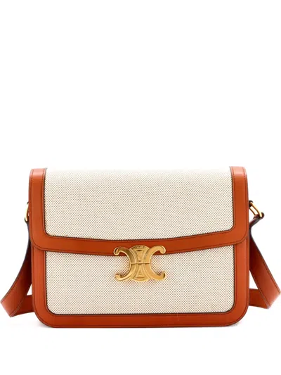 Pre-owned Celine Triomphe Shoulder Bag Canvas With Leather Medium Crossbody Bag In Neutral