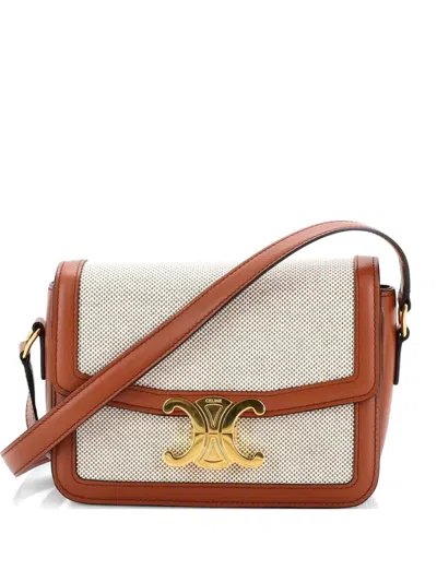 Pre-owned Celine Triomphe Shoulder Bag Canvas With Leather Teen Crossbody Bag In Neutral
