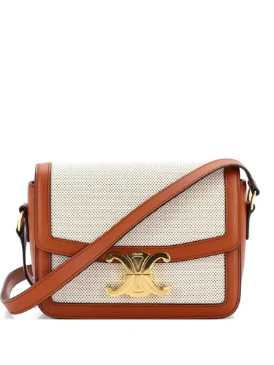 Pre-owned Celine Triomphe Shoulder Bag Canvas With Leather Teen Crossbody Bag In Neutral