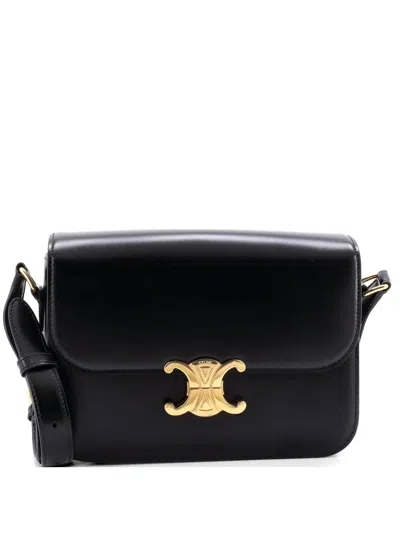 Pre-owned Celine Triomphe Shoulder Bag Smooth Calfskin Medium Crossbody Bag In Black
