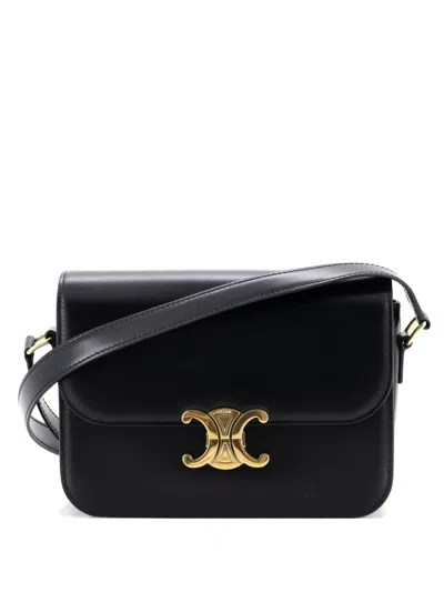 Pre-owned Celine Triomphe Shoulder Bag Smooth Calfskin Medium Crossbody Bag In Black