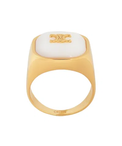 Celine Triomphe Signet Ring In Mother Of Pearl And Brass With Gold Finish
