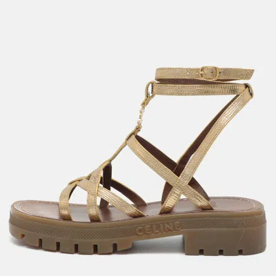 Pre-owned Celine Triomphe Size 36 Gold Lizard Embossed Leather Gladiator Flat Sandals