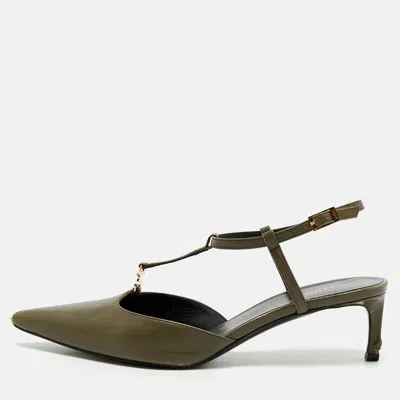 Pre-owned Celine Triomphe Size 36.5 Green Leather Slingback Pumps