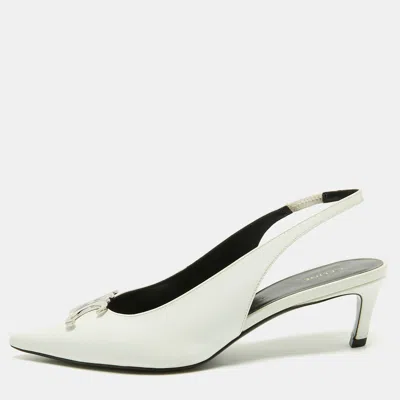 Pre-owned Celine Triomphe Size 37 White Patent Leather Alma Pointed Toe Slingback Pumps