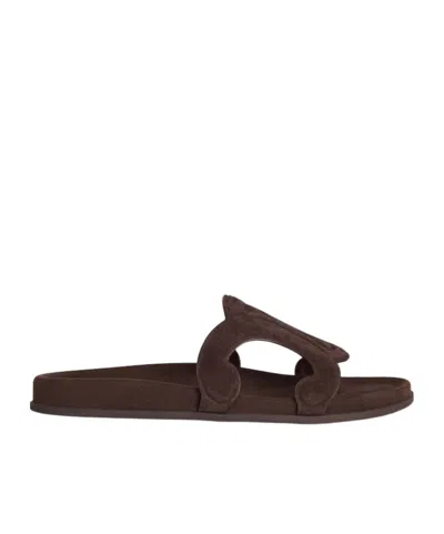 Celine Triomphe Slide In Suede Calfskin In Brown
