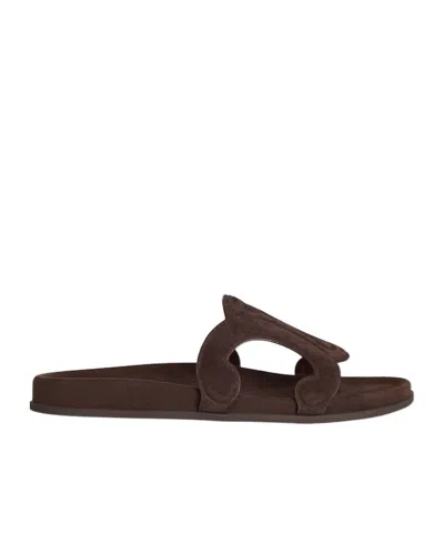 Celine Triomphe Slide In Suede Calfskin In Brown