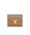 Celine Card Holder With Flap Triomphe In Shiny Calfskin In Dark Tan