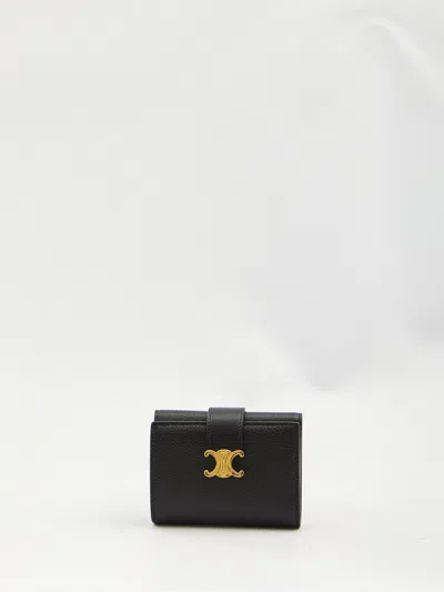 Celine Triomphe Small Leather Flap-over Wallet In Black