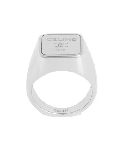 Celine Triomphe Square Signet Ring In Brass With Rhodium Finish In Metallic