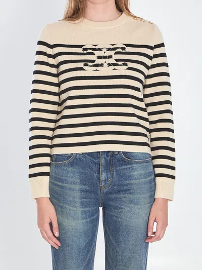 Celine Ecru And Black Triomphe Cashmere Pullover In Neutral