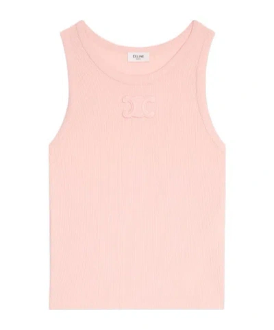 Celine Triomphe Tank Top In Ribbed Cotton In Pink