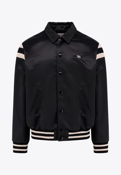 Celine Triomphe Teddy Bomber Jacket In Satin In Black