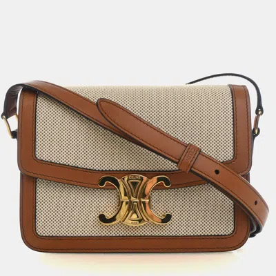 Pre-owned Celine Triomphe Teen Natural Tan Textile Calfskin Leather Crossbody Bag In Multicolor