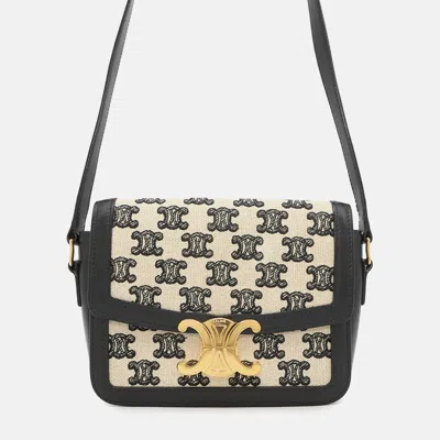 Pre-owned Celine Triomphe Teen Shoulder Bag Black/beige Canvas Leather In Sand
