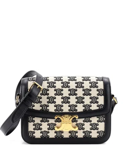 Pre-owned Celine Triomphe Triomphe Canvas Medium Shoulder Bag In Black