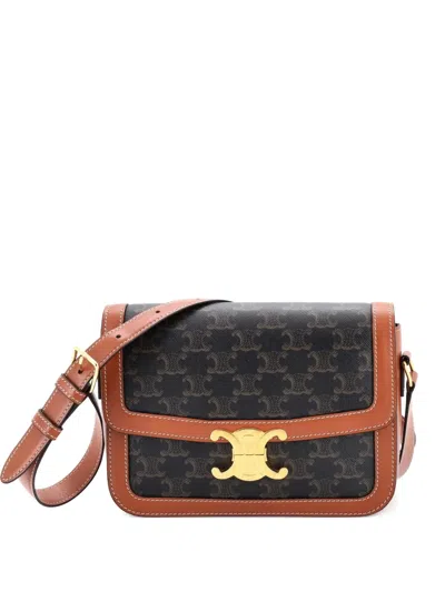 Pre-owned Celine Triomphe Triomphe Coated Canvas Medium Shoulder Bag In Brown