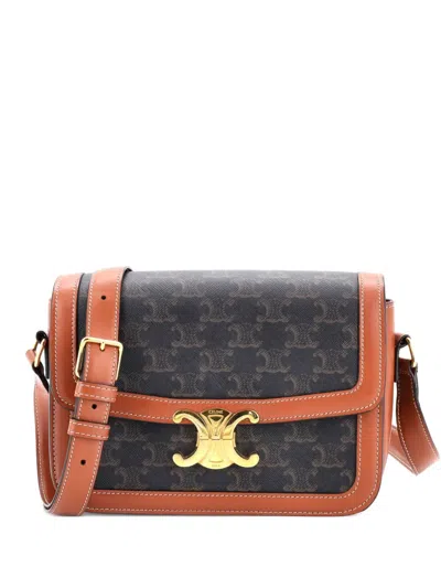 Pre-owned Celine Triomphe Triomphe Coated Canvas Medium Shoulder Bag In Brown