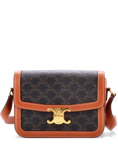 Pre-owned Celine Triomphe Triomphe Coated Canvas Medium Shoulder Bag In Brown