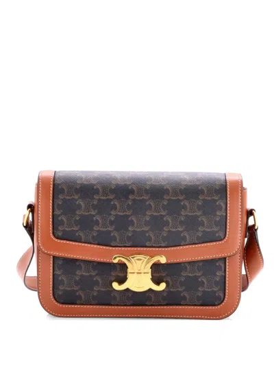 Pre-owned Celine Triomphe Triomphe Coated Canvas Medium Shoulder Bag In Brown