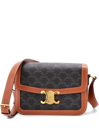 Pre-owned Celine Triomphe Triomphe Coated Canvas Medium Shoulder Bag In Brown