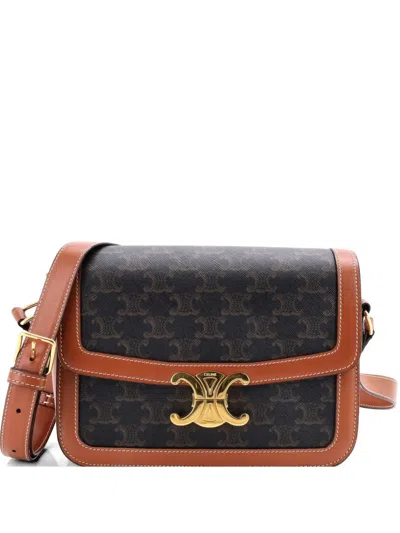 Pre-owned Celine Triomphe Triomphe Coated Canvas Medium Shoulder Bag In Brown