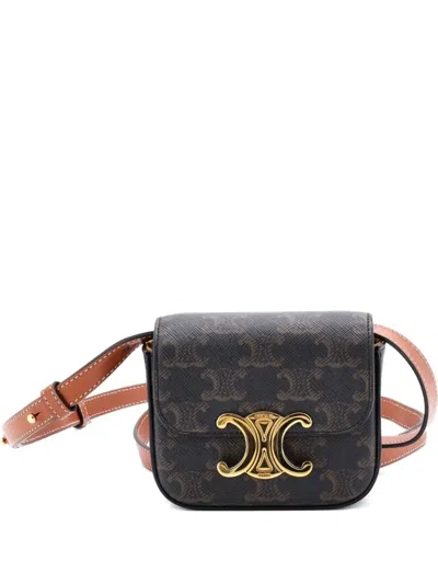 Pre-owned Celine Triomphe Triomphe Coated Canvas Mini Shoulder Bag In Brown