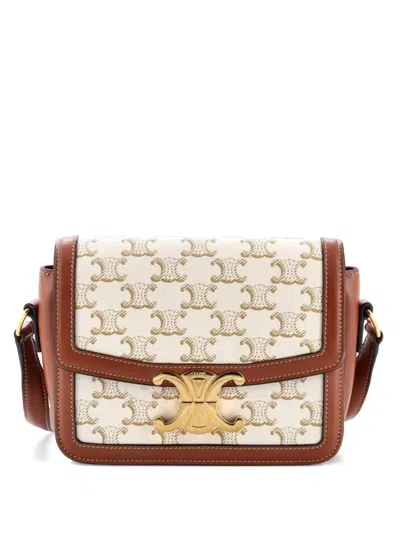 Pre-owned Celine Triomphe Triomphe Coated Canvas Teen Shoulder Bag In Neutral