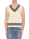 Celine Sleeveless Sweater Vest In Ecru/burgundy/navy